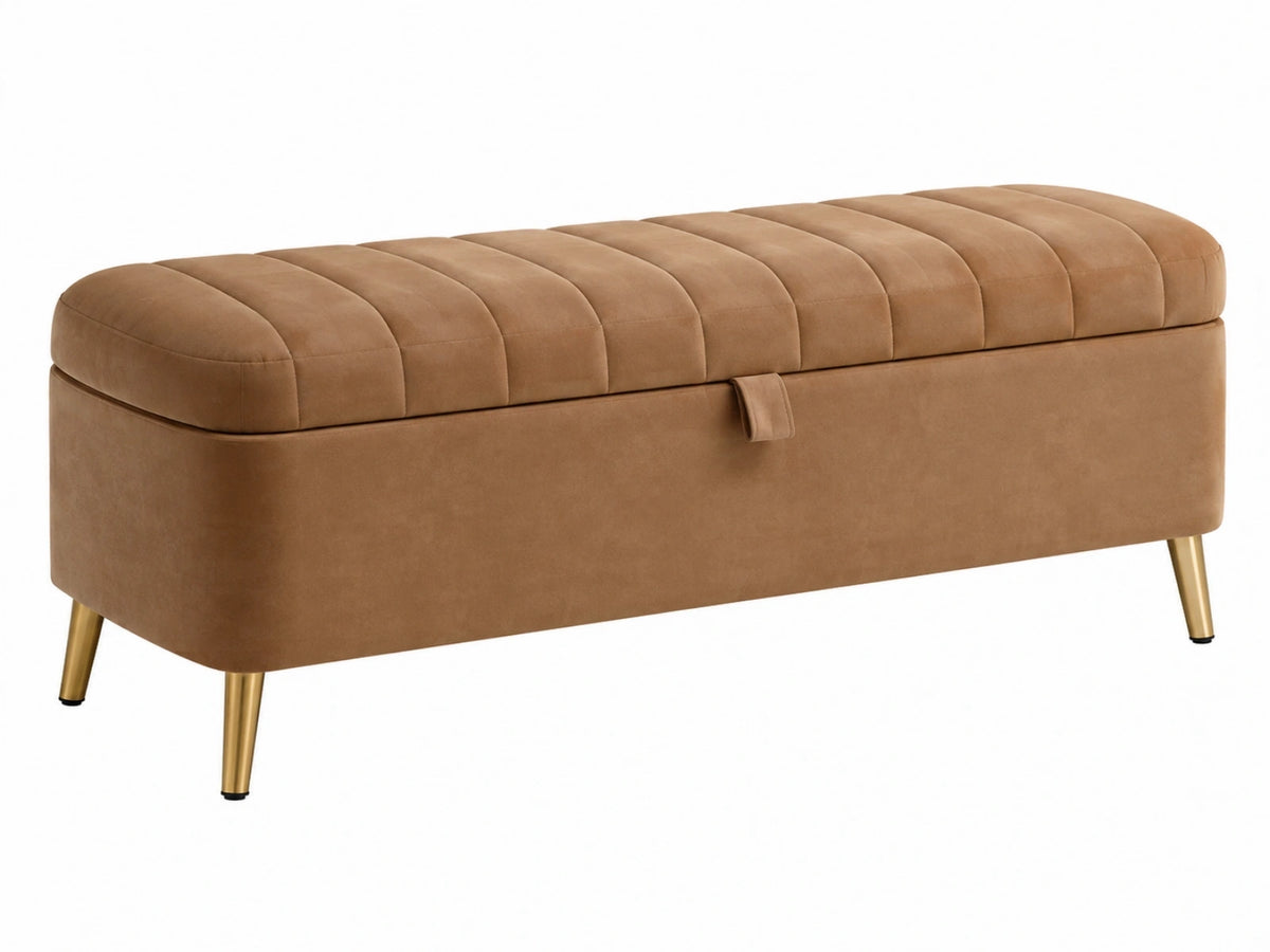 Sitzbank mit Stauraum 120 x 45 x 46 cm aus Samt in Hellbraun mit Metallfüßen - gepolstert