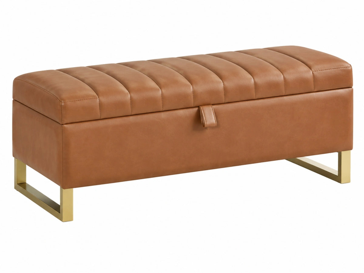 Sitzbank mit Stauraum 120 x 45 x 45 cm aus Kunstleder in Cognac mit Steppung