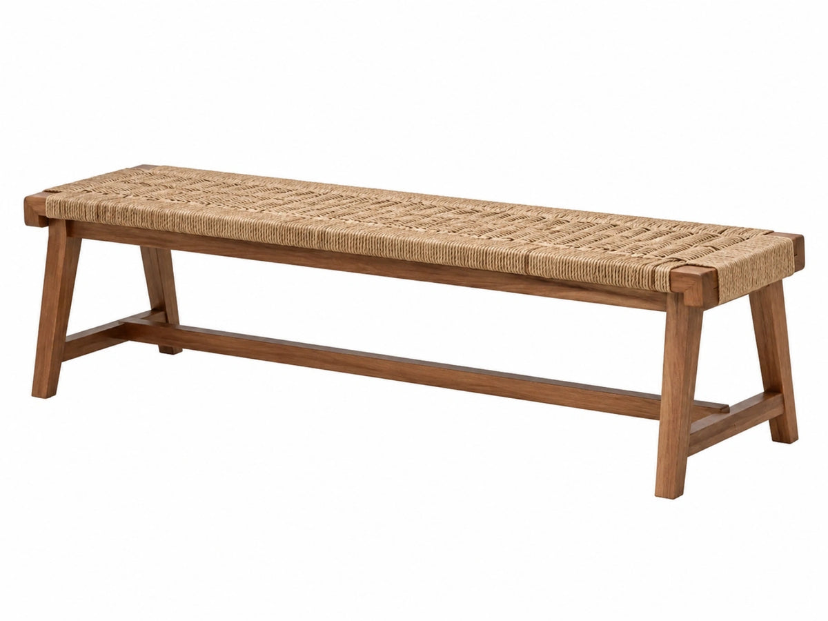 Sitzbank 120 x 35 x 45 cm aus Holz mit Naturfasergeflecht Naturbraun im Landhausstil