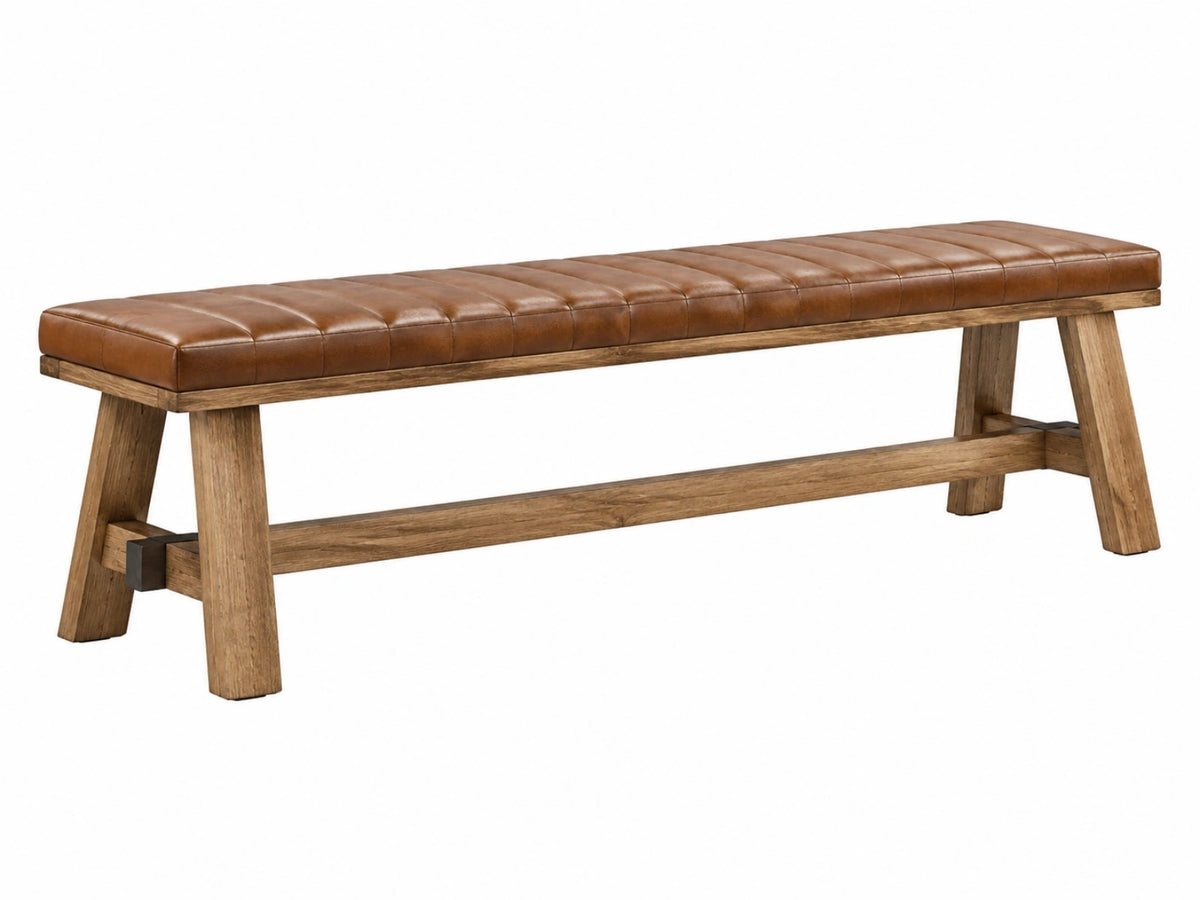 Sitzbank 180 x 40 x 48 cm Holz und brauner Kunstlederbezug im Industrie Stil