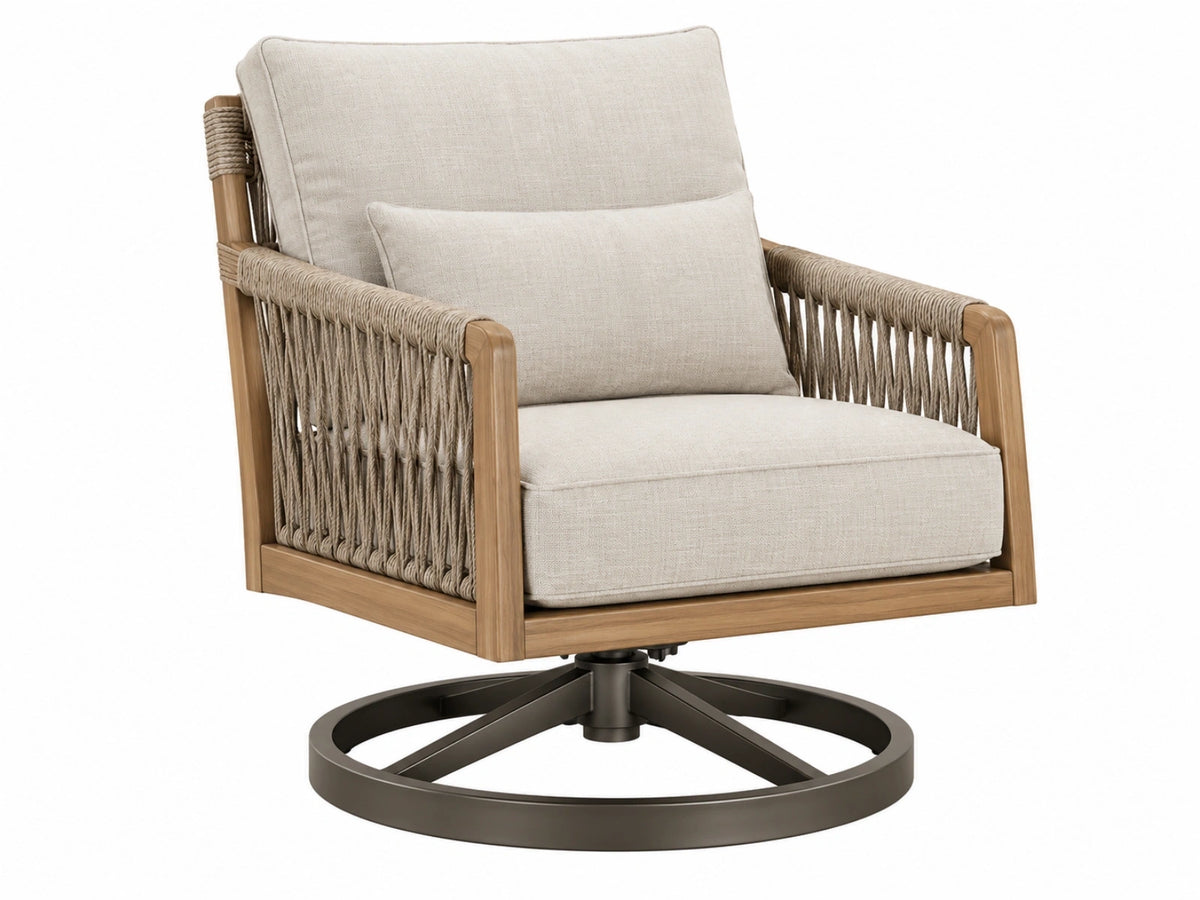 Drehsessel 78 x 82 x 89 cm aus Holz und Seilgeflecht in Beige - gepolsterter Loungesessel