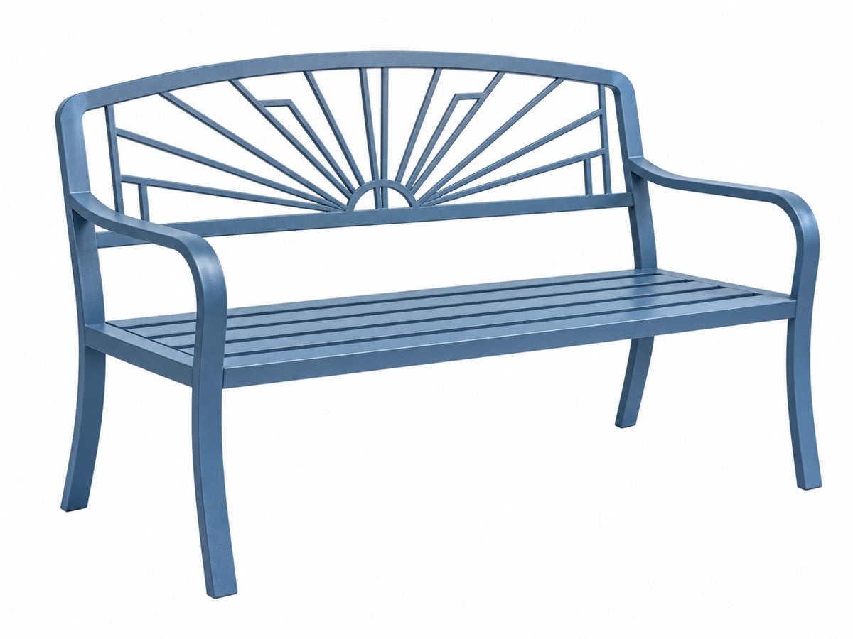 Gartenbank 122 x 59 x 87 cm aus Metall Blau mit Sonnenstrahlen-Rückenlehne