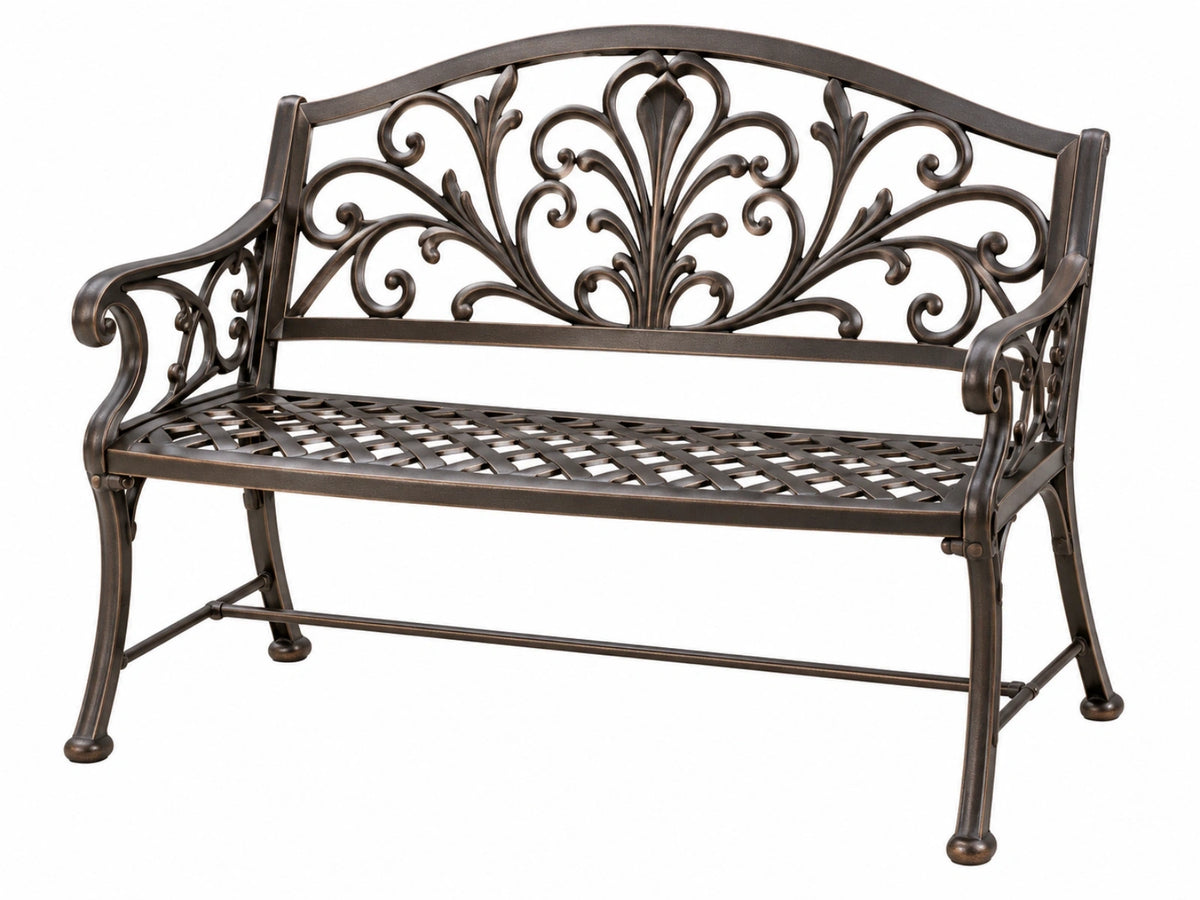 Gartenbank 127 x 62 x 98 cm aus Metall in Bronze mit ornamentaler Rückenlehne