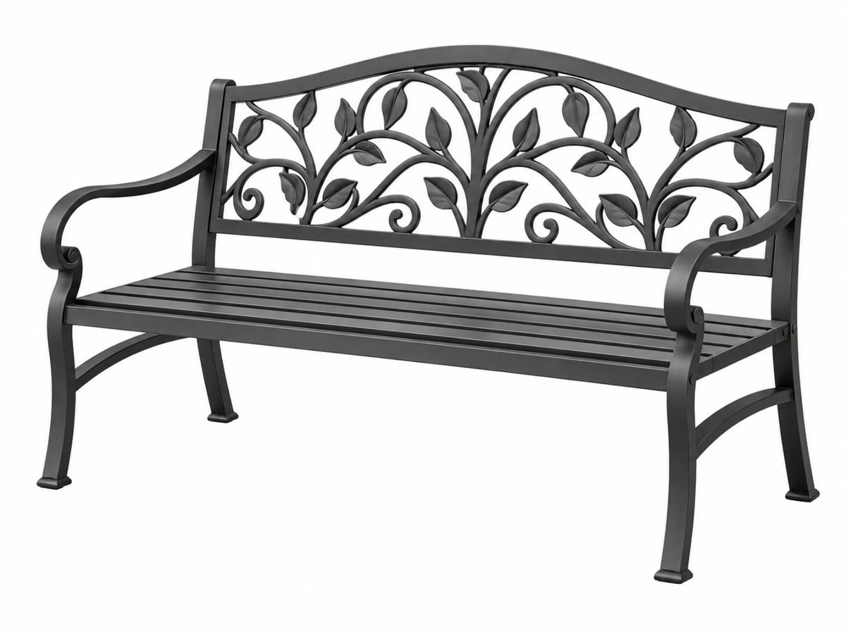 Gartenbank 122 x 61 x 91 cm aus Metall in Schwarz mit Blattdekor