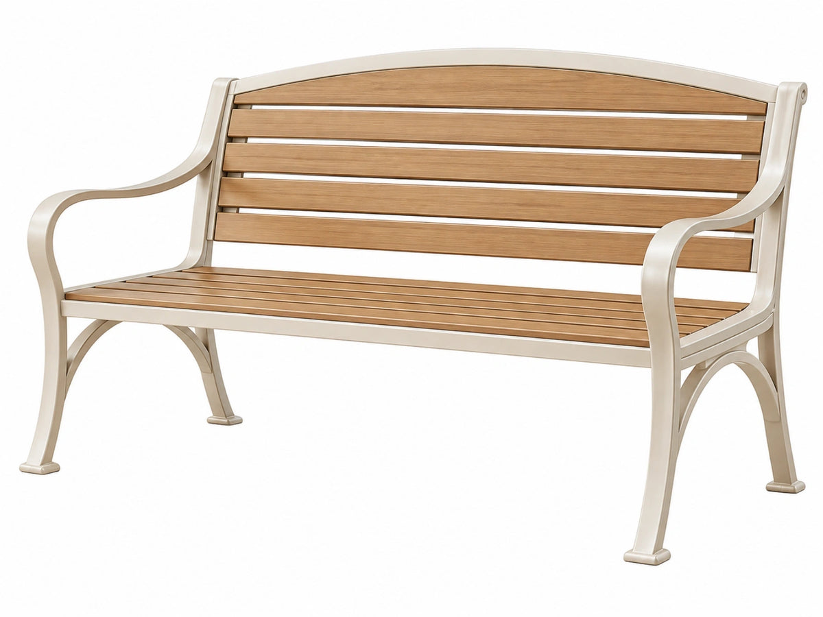 Gartenbank 125 x 65 x 90 cm Metall in Beige und Holzoptik 2-Sitzer mit Armlehnen