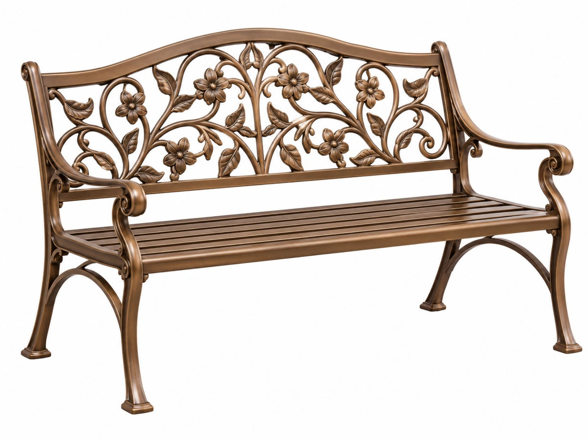 Metall Gartenbank 122 x 62 x 95 cm Bronze mit floralem Muster für Außenbereich